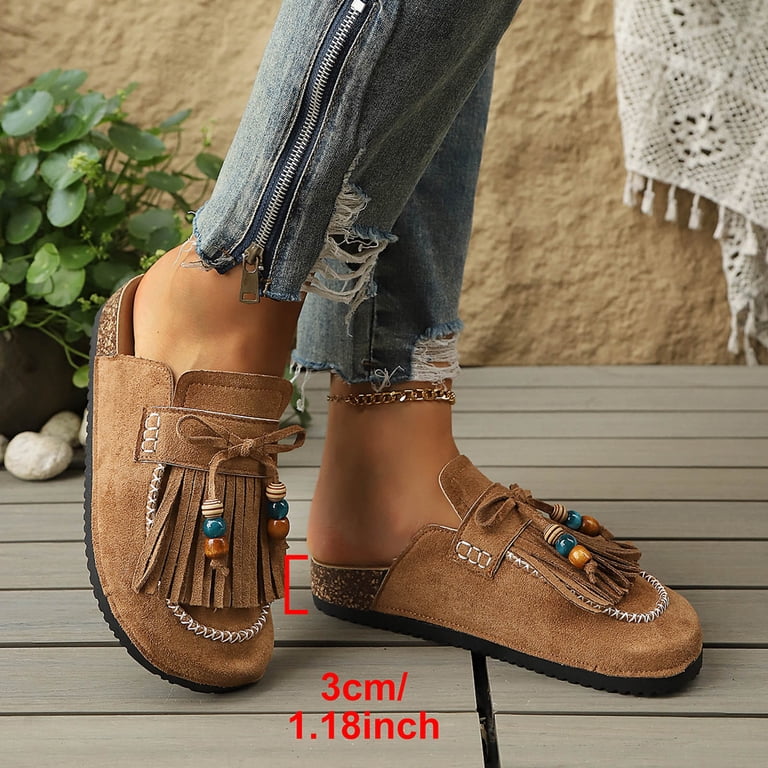 Suede Mules for Women Closed Toe Cork Footbed Sandals Beaded  display picture 3
