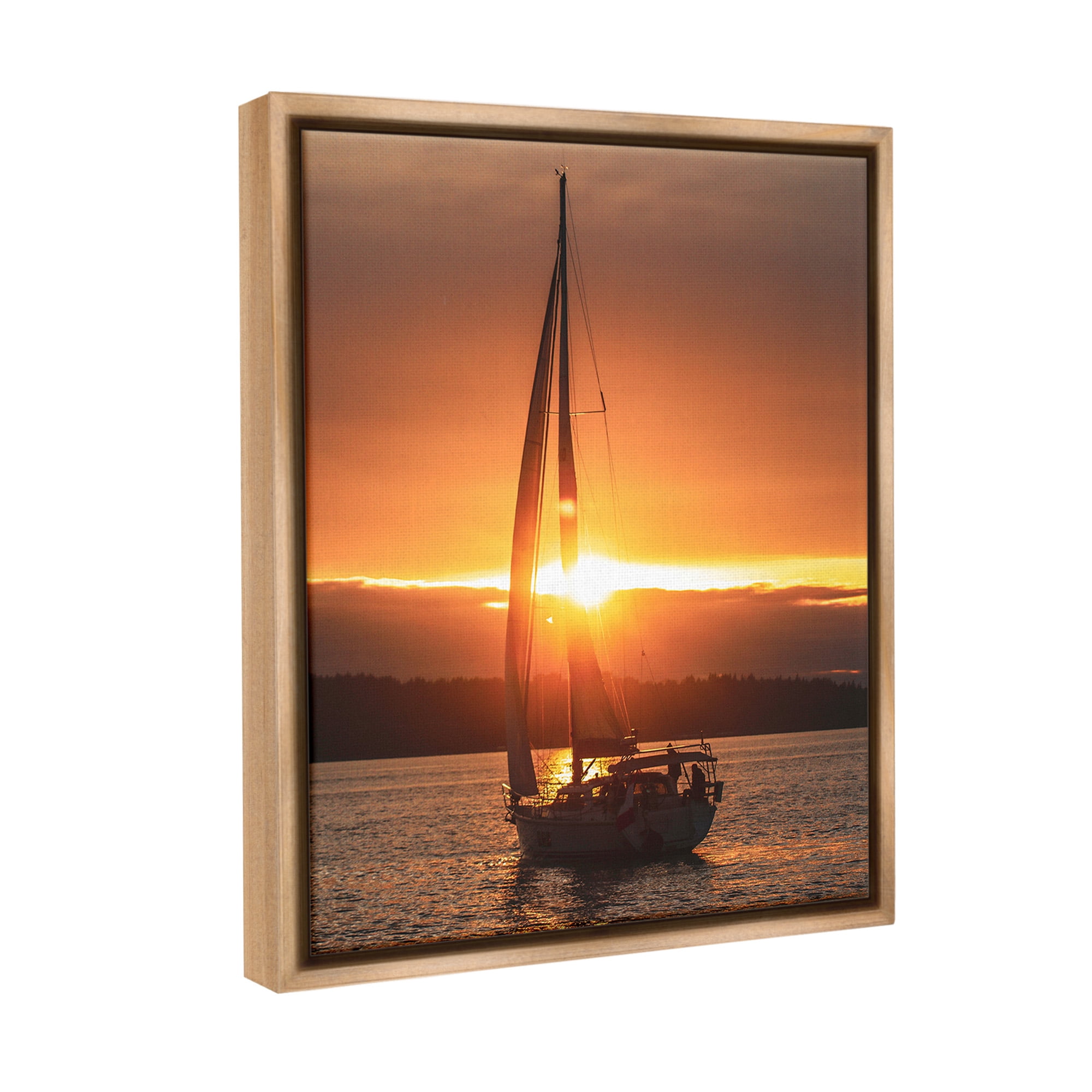 Stupell Industries Sailboat at Sunset Transportation Photography Brown Floater Framed Canvas Art Print Wall Art, 17 x 21