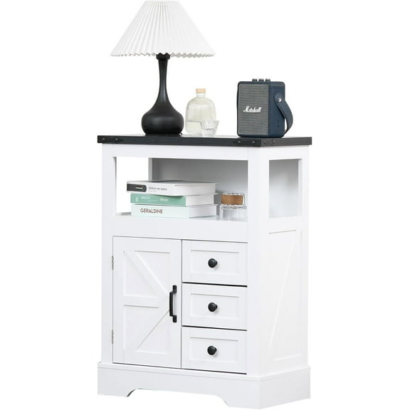 JINSEED Farmhouse Storage Cabinet,Rustic Floor Cabinet with 2 Open Spaces,3 Drawers & Adjustable Shelves,for Bathroom, Kitchen,Living Room,White