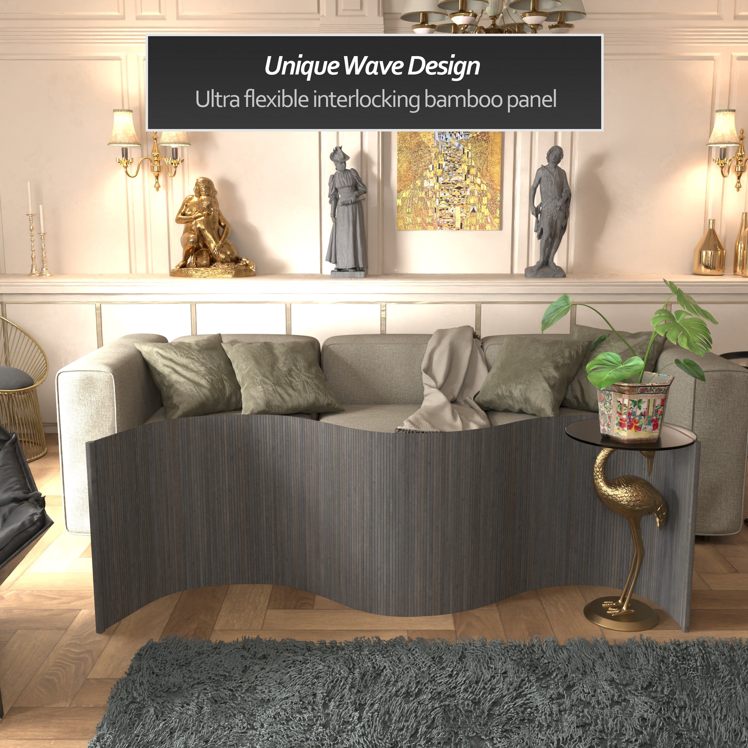 2 Ft. Grey Bamboo Wave Room Divider with Portable Screen Design
