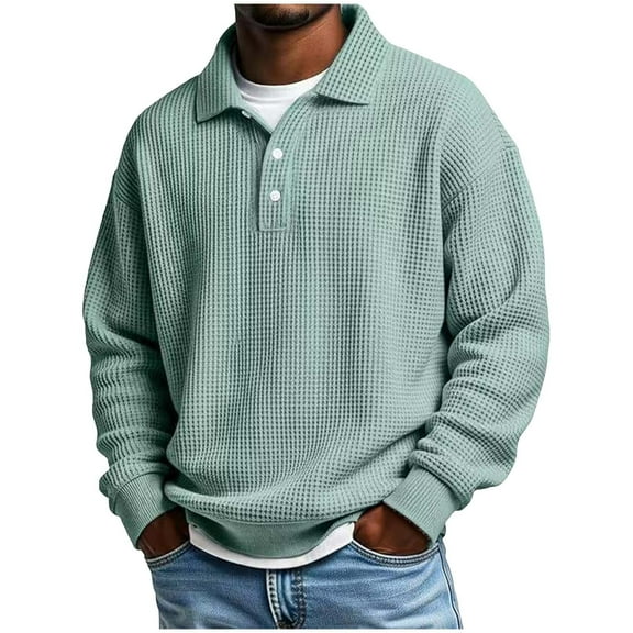 Aimik Polo Shirts for Men Long Sleeve Waffle Knit Button Placket Casual Solid Tops Spring Autumn Lightweight Soft Collared Shirt,Green,L