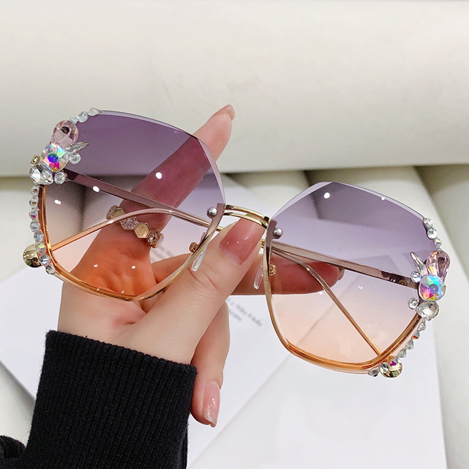 Jialili Diamond-Studded Large-Frame Sunglasses Women's High-End Ins  Slimming Sunglasses Show Face Small Uv Protection Purple 