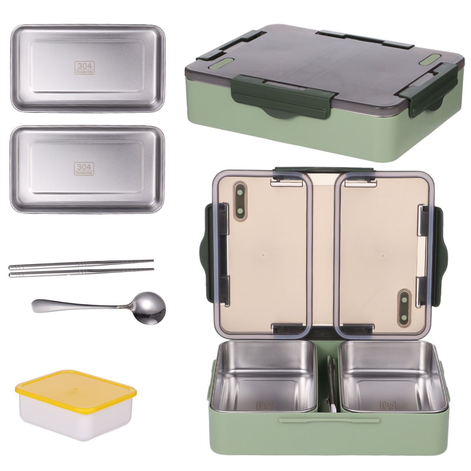 Bento Box Set 1000ml, Leakproof Lunch Container with 2 Stainless Steel Compartments, Microwave-Safe Food Container with Spoon Chopsticks Small Plastic Box for Work Picnic Meal Prep