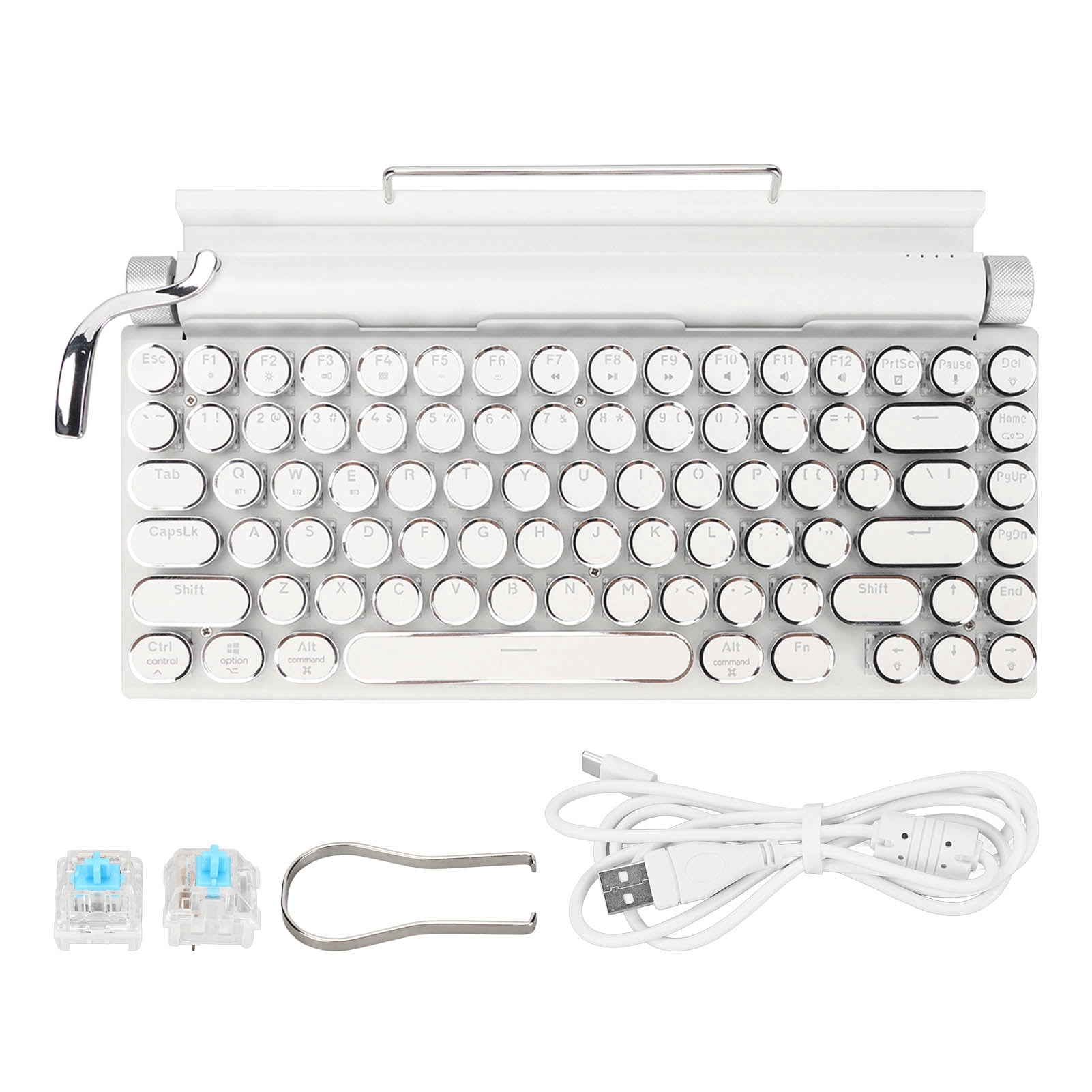 Typewriter Mechanical Keyboard, 2000mA Capacity Mechanical Keyboard  5.0 Retro Round Keycap  For Cellphone White