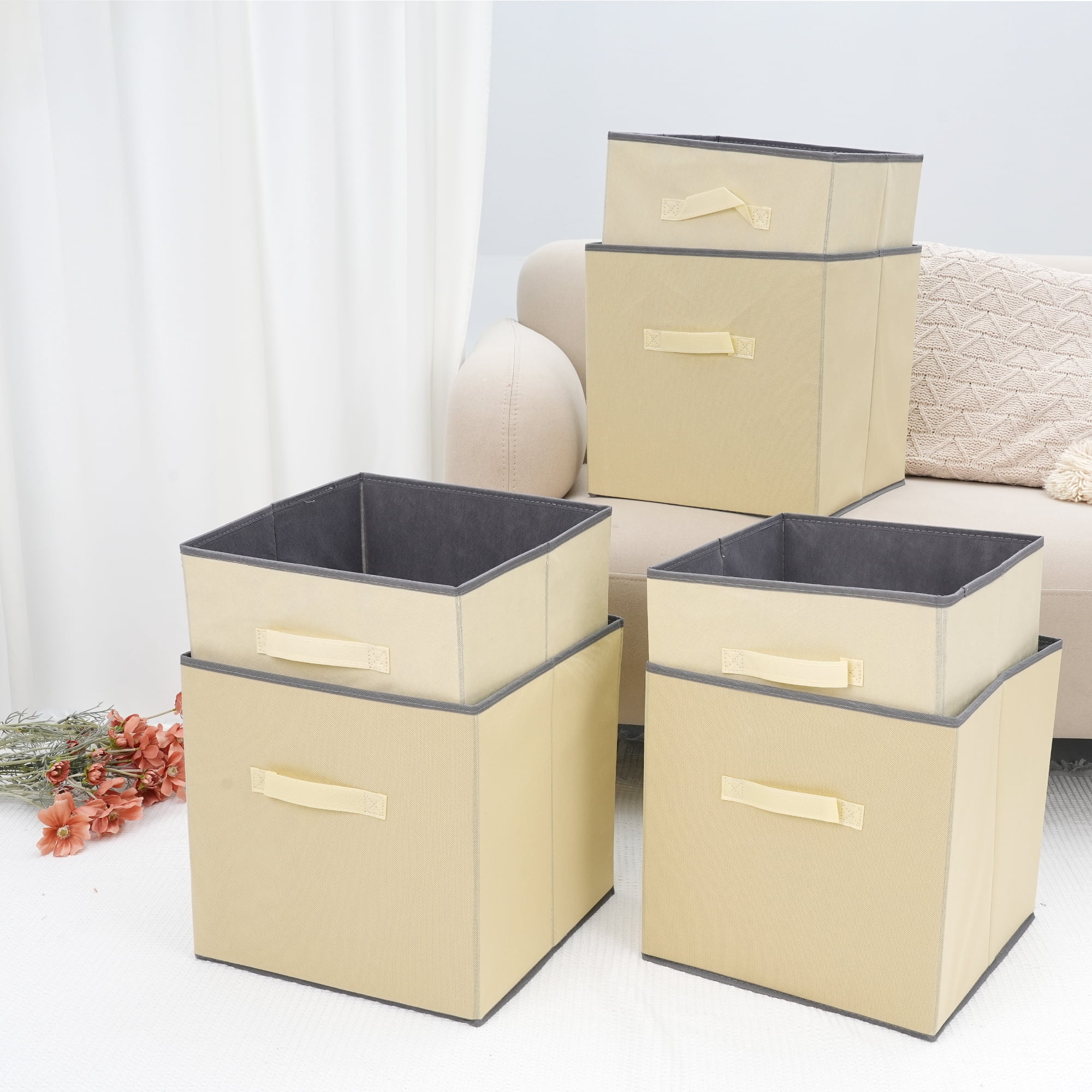 Unique Bargains 3 Pcs Square Fabric Collapsible Storage Basket Bin with Handle Beige M