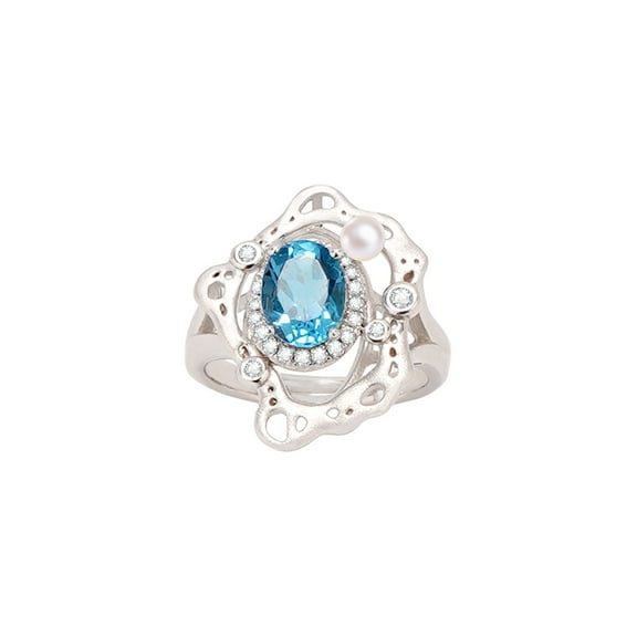 December Birthstone Blue Topaz Ring in 925 Sterling Silver with Zircon Halo and Pearl Accents, Elegant Wave Design Coastal Jewelry Gift for Women