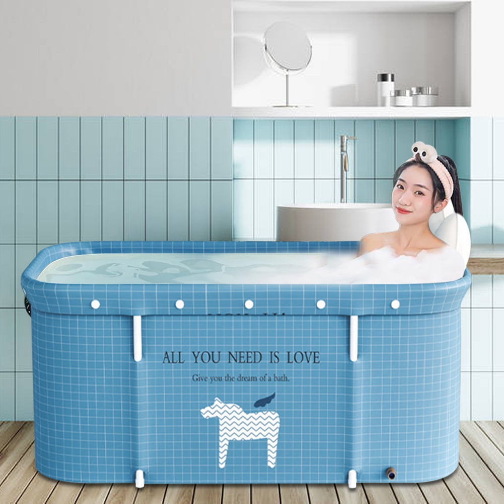 JOJOLAM 47" Large Folding Bath Tub, Portable Soaking Bathtub with Inflatable Back Pad Seat Mat