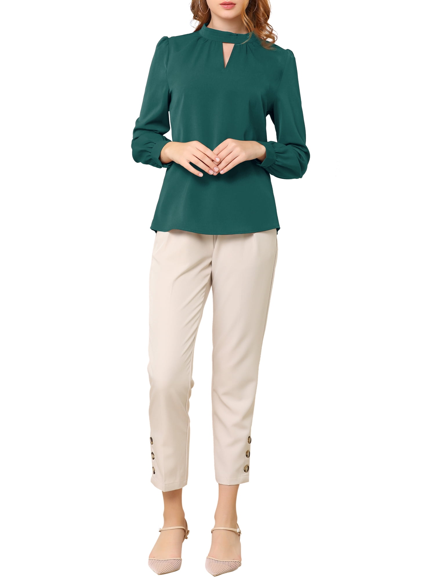 DARING DIVA Women's Stand Collar Long Sleeve Office Blouse S Deep Green
