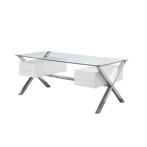 Benjara Tia 71" Large Office Desk- Glass Tempered Top- 4 Drawers- White Finish