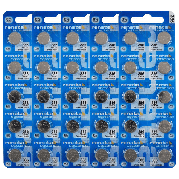 Renata 386 SR43W Batteries - 1.55V Silver Oxide 386 Watch Battery (50 Count)
