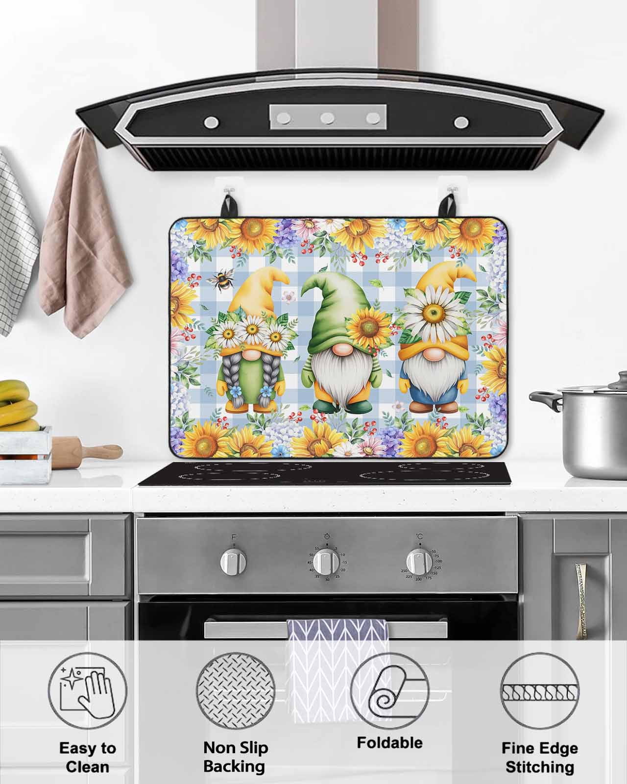 Large Induction Cooktop Protector Mat Sunflowers Stove Top Covers for Electric Stove, Spring Gnomes Daisy Hydrangea Flowers Blue Plaid Decorative Stove Burner Cover Mats, Glass Top Stove Cover