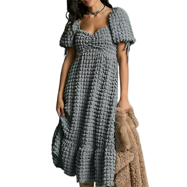 Gupgi Women's Puff Sleeve Midi Dress Solid Color Bubble Textured Smocked Sweetheart Neck Ruffled Flowy Dress