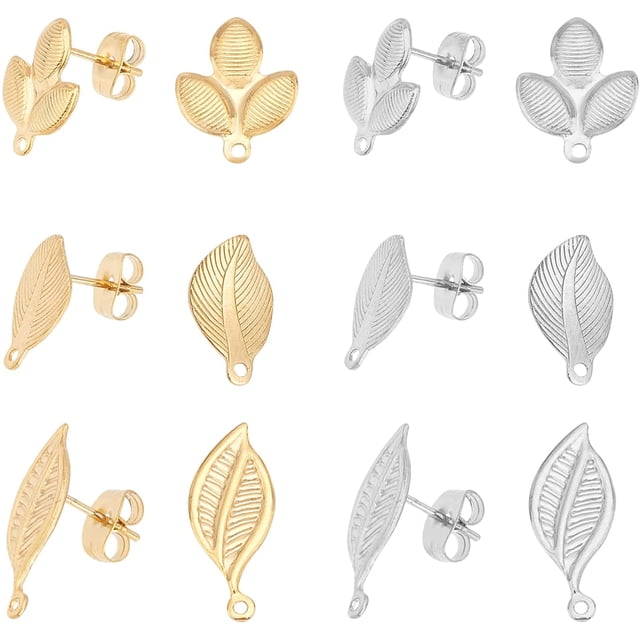 24 pendientes de hoja de 3 estilos con tuercas para orejas, hipoalergénicos, con pasador de 0,7 mm, de acero inoxidable.