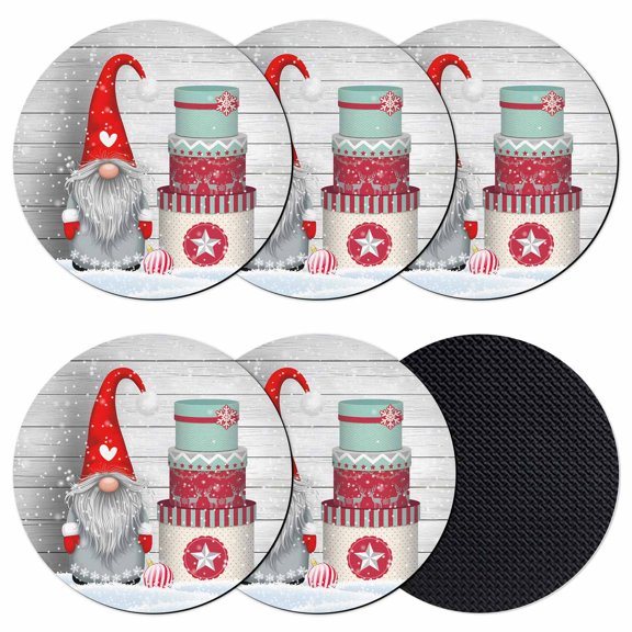 Christmas Gnomes Coasters Set of 6, Absorbent Coasters for Drinks, Grey Wooden Vintage Snowflake Coaster for Desk Coffee Table Protection, Home Decor House Warming Gifts 4"