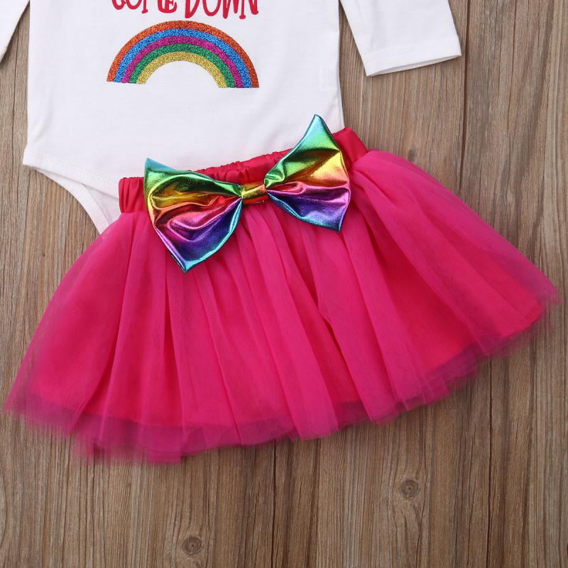 Tutu Skirt with Bowknot Headband Clothes 3PCS Toddler Infant Baby Girls Rainbow Bodysuit Romper