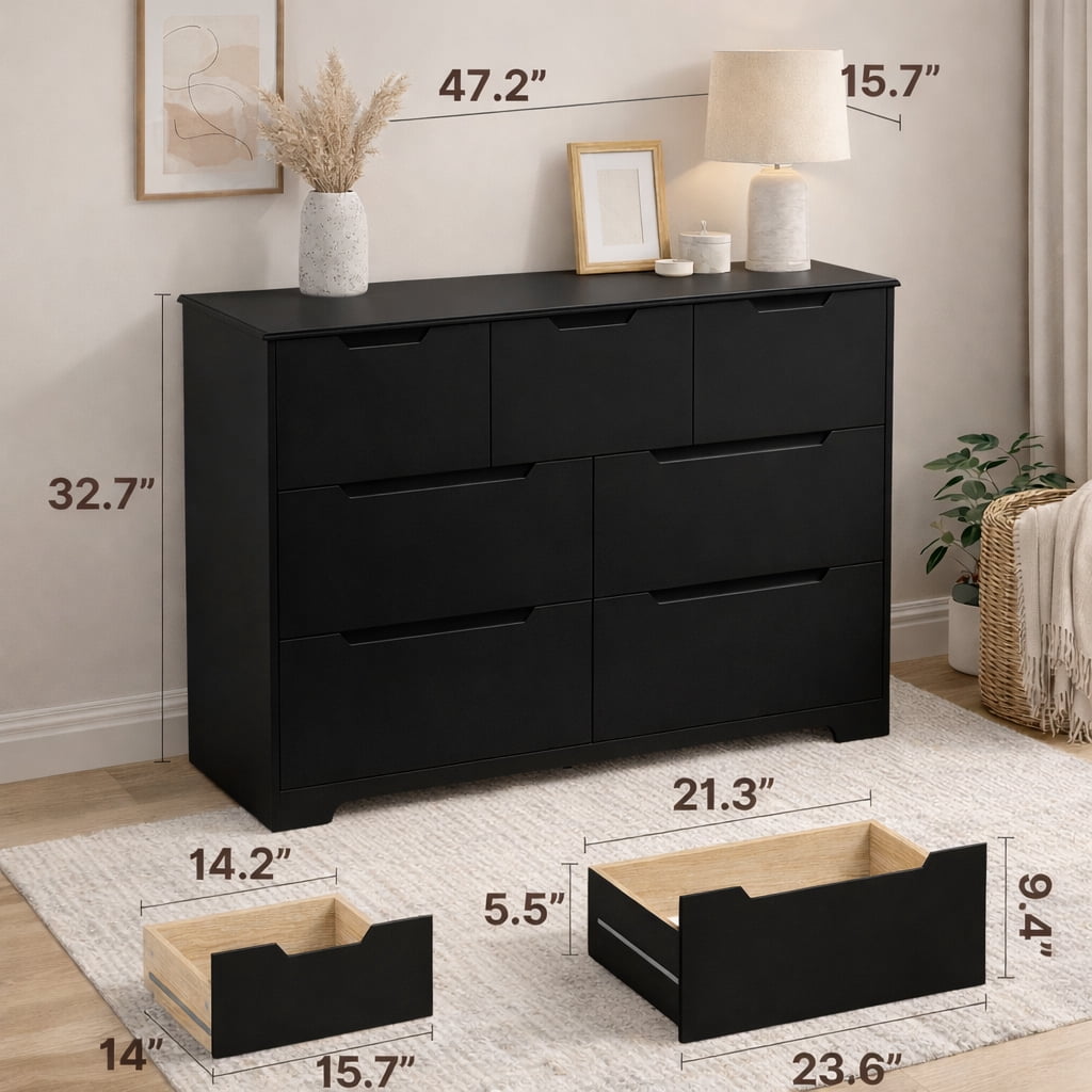 7-Drawer Dresser for Bedroom with Anti-Tip Design, 48" Handle-Free Modern Storage Chest - Premium Engineered Wood Dresser, Black