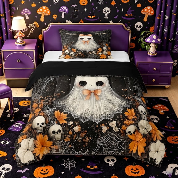 Manfei Halloween Cute Bow Ghost Twin Comforter Sets 2pcs, Sugar Skull Bat Flower Bedding Set, Black Orange White,Black Reversible,1 Comforter and 1 Pillowcase