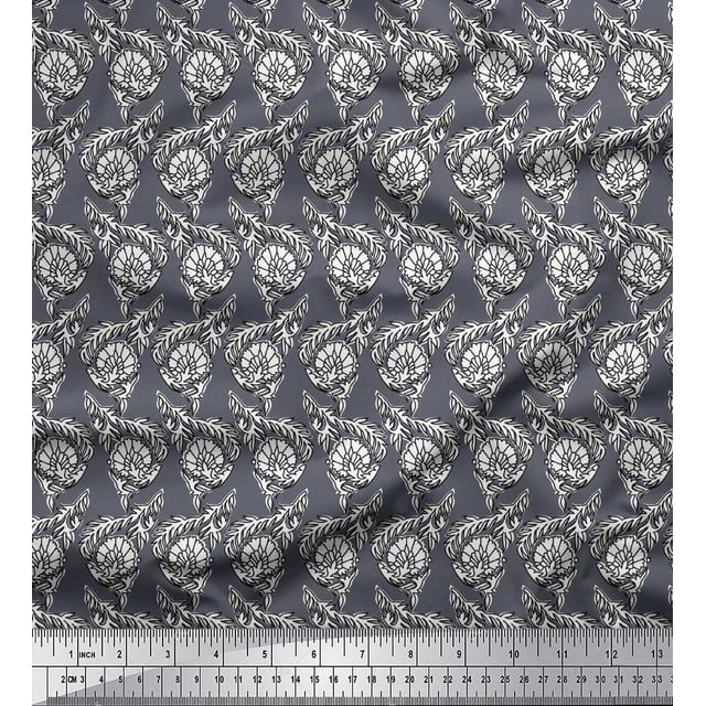 Soimoi Moss Georgette Fabric Leaves & Floral Block Print Fabric by The Yard 42 Inch Wide