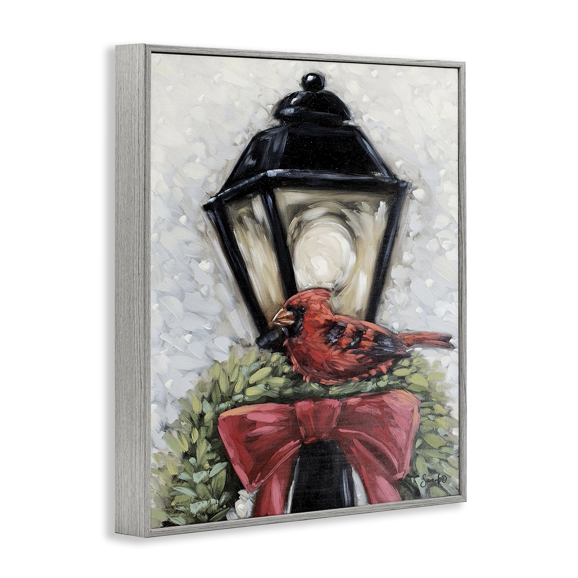 Stupell Industries Cardinal & Holiday Lamp Holiday Painting Gray Framed Art Print Wall Art, 24 x 30