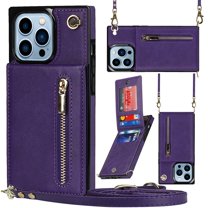Crossbody Wallet Case for iPhone 14 Pro Max, Zipper Pocket Case with Card Holder, PU Leather RFID Blocking Protective Cover Case with Kickstand Detachable Wrist Strap Lanyard 6.7", Purple