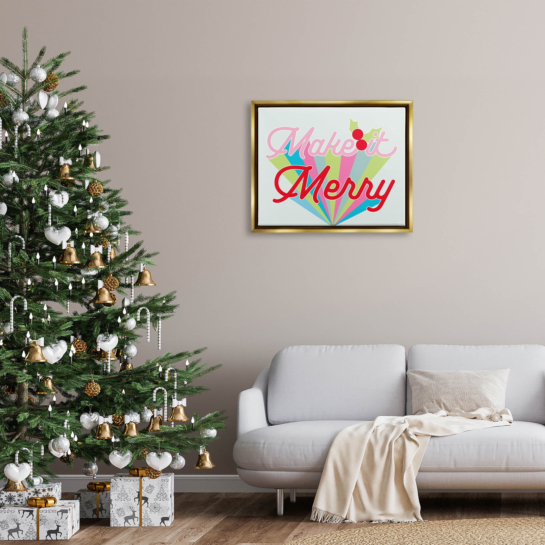 Make It Merry Bold Christmas Stripes Holiday Graphic Art Metallic Gold Framed Art Print Wall Art