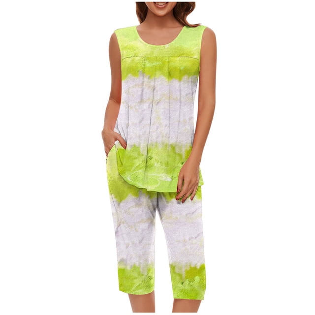 Conjunto de Verano para las Mujeres Impreso Casual sin Mangas Plisado Superior Y Pantalones Recortados, Cuello Redondo Conjunto de Dos Piezas