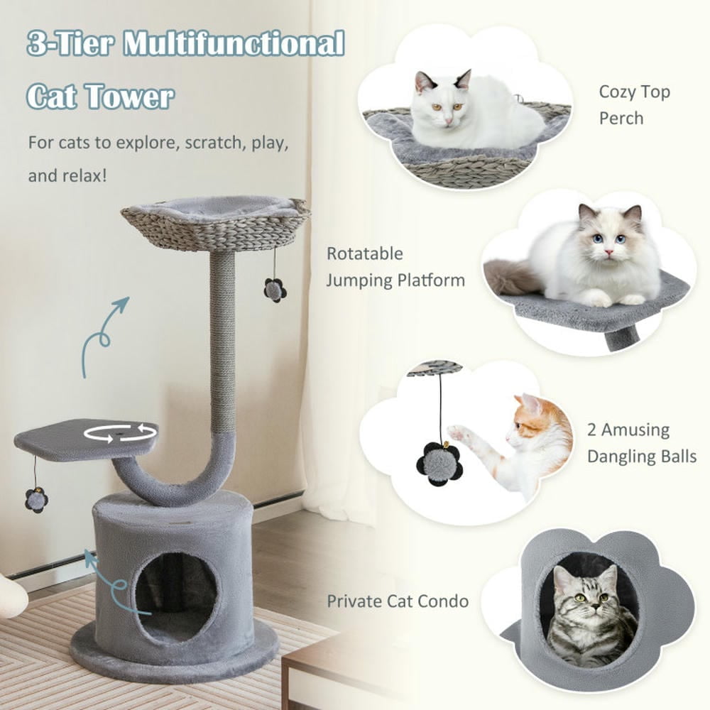 GVN Large Cat Tree, 42" Tall Cat Tower with Curved Metal Supporting Frame for Large & Small Cats-Gray