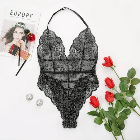 

Qurein Women s Sexy Lingerie Fashion Deep V Halter Lace Sexy Without Steel Ring One-piece Underwear Pajamas