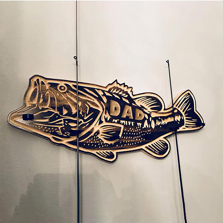 wood large mouth bass fishing rod holder Custom - Wall Mounted & Holds 4 Rods Rich russet finish Wooden Large Mouth Bass Fishing