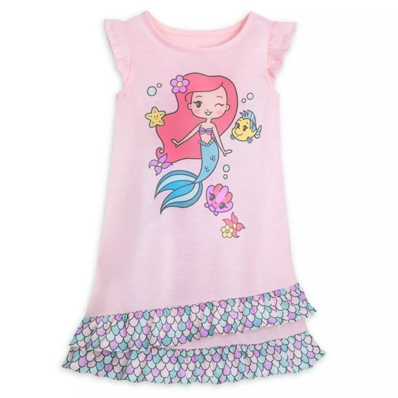 Disney Ariel and Flounder Girl's Pink Jersey Tiered Nightgown, Gown (Size 4)