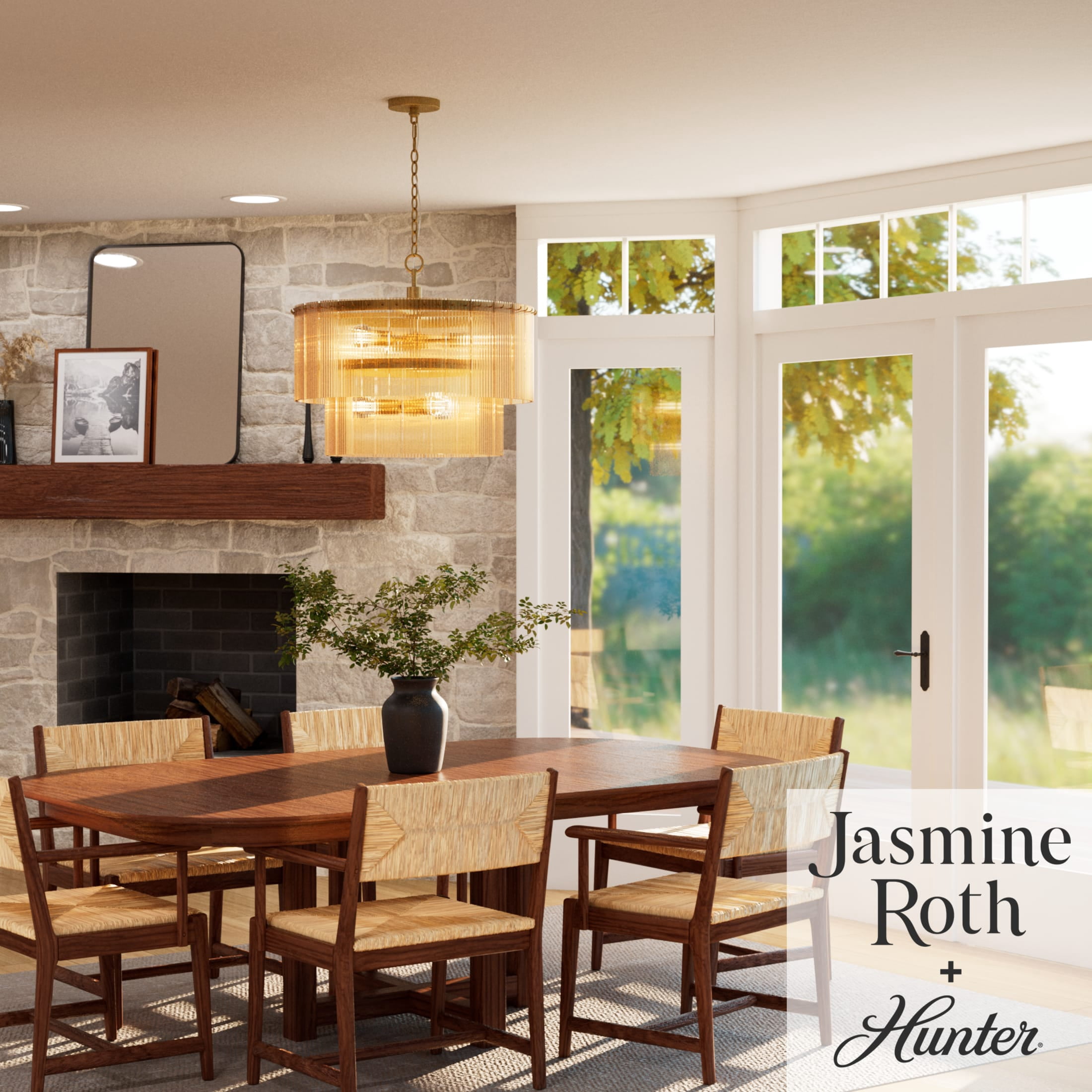 Hunter - Ontario 6-light Luxe Gold, Large Chandelier, Dimmable, Transitional Style, Cylinder Shaped, for Bedrooms, Dining, Living Rooms - 13144