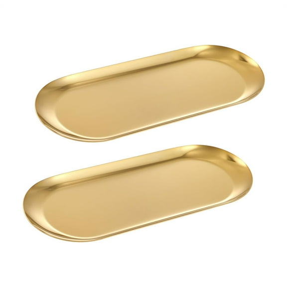 Stainless Steel Decorative Tray for Jewelry,Bathroom Vanity Dresser Counter Tray,Oval Clutter Serving Platter,Medium Storage Tray,for Cosmetics Jewelry Ring Key Organizer (2 Pcs Gold)