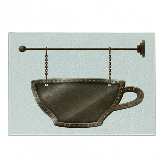 Coffee Cutting Board, Old Rusty Cup Hanging Signboard on Chains Grungy Rough Looking Mug Caffeine Drink, Decorative Tempered Glass Cutting and Serving Board, Small Size, Umber White, by Ambesonne