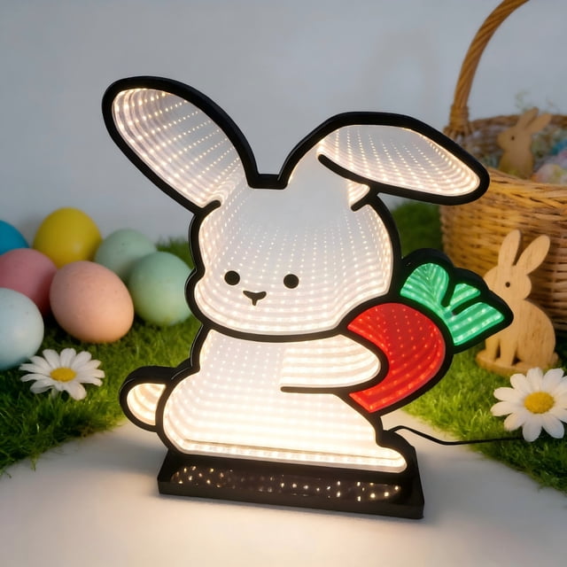 Lámpara de mesa con espejo de conejito de Pascua. Luz ambiental decorativa y adorno ideal para la decoración de Pascua en dormitorios, salas de estar y escritorios. Lámpara con lente acrílica.