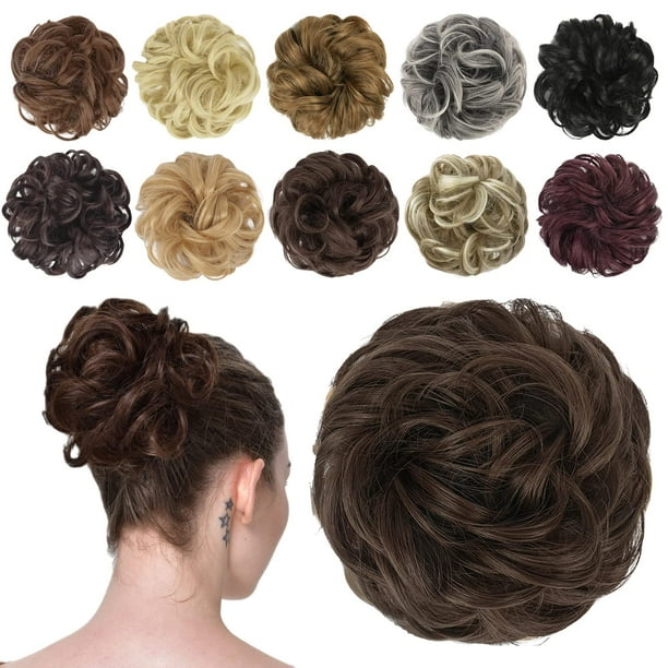 FESHFEN Moño desordenado pieza de pelo moño Scrunchies sintético medio castaño marrón ondulado rizado moño cola de caballo extensiones de cabello grueso Updo postizos para mujeres niñas 1 pieza
