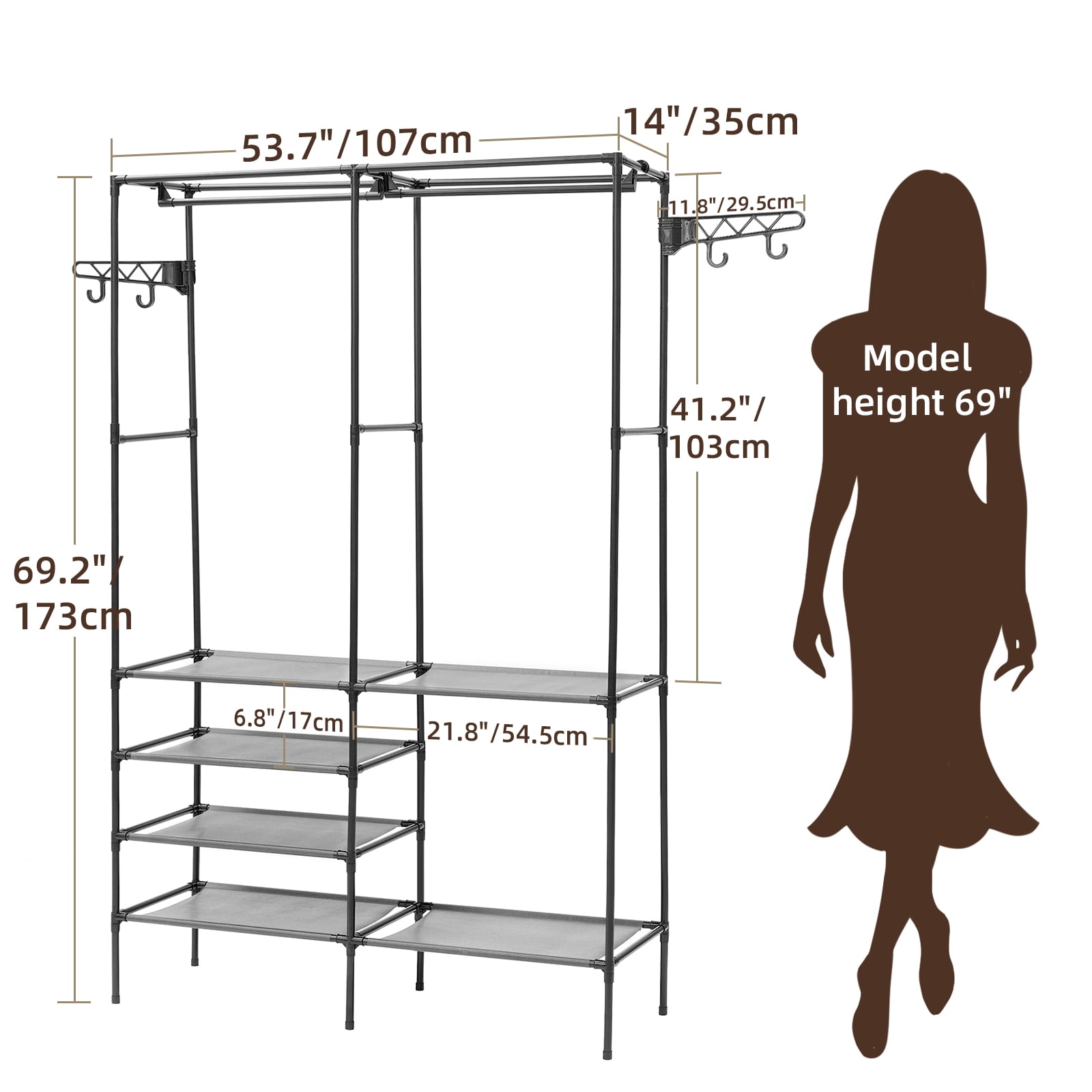 Metal Garment Rack,Hanging Clothes Rack Storage Shelves with 2 Side Hooks,Portable Freestanding Multifunctional Wardrobe Closet