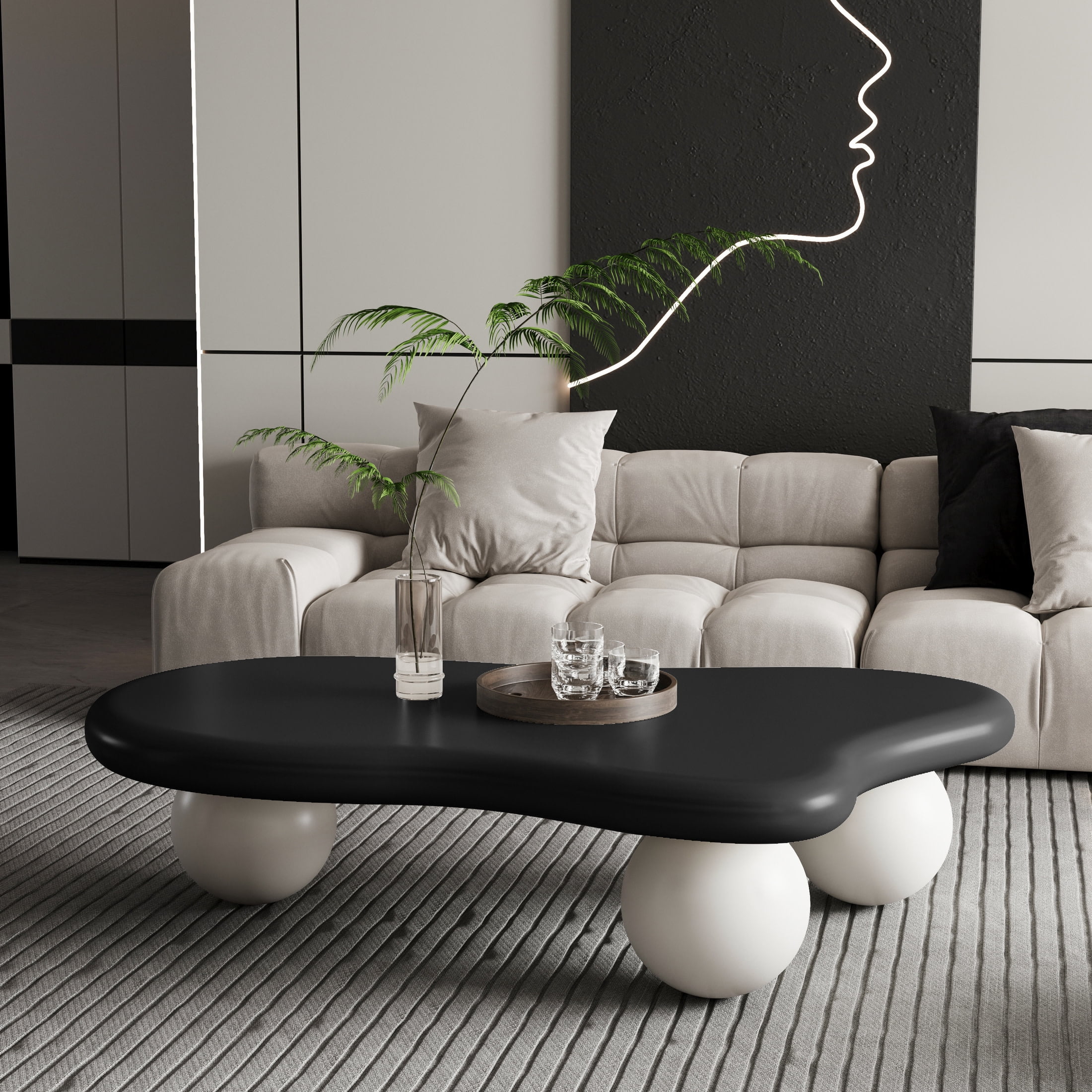 Noble House 47" Cloud Shaped Coffee Table with Ball Legs, Modern Aesthetic Accent Table for Living Room, Black Top White Legs