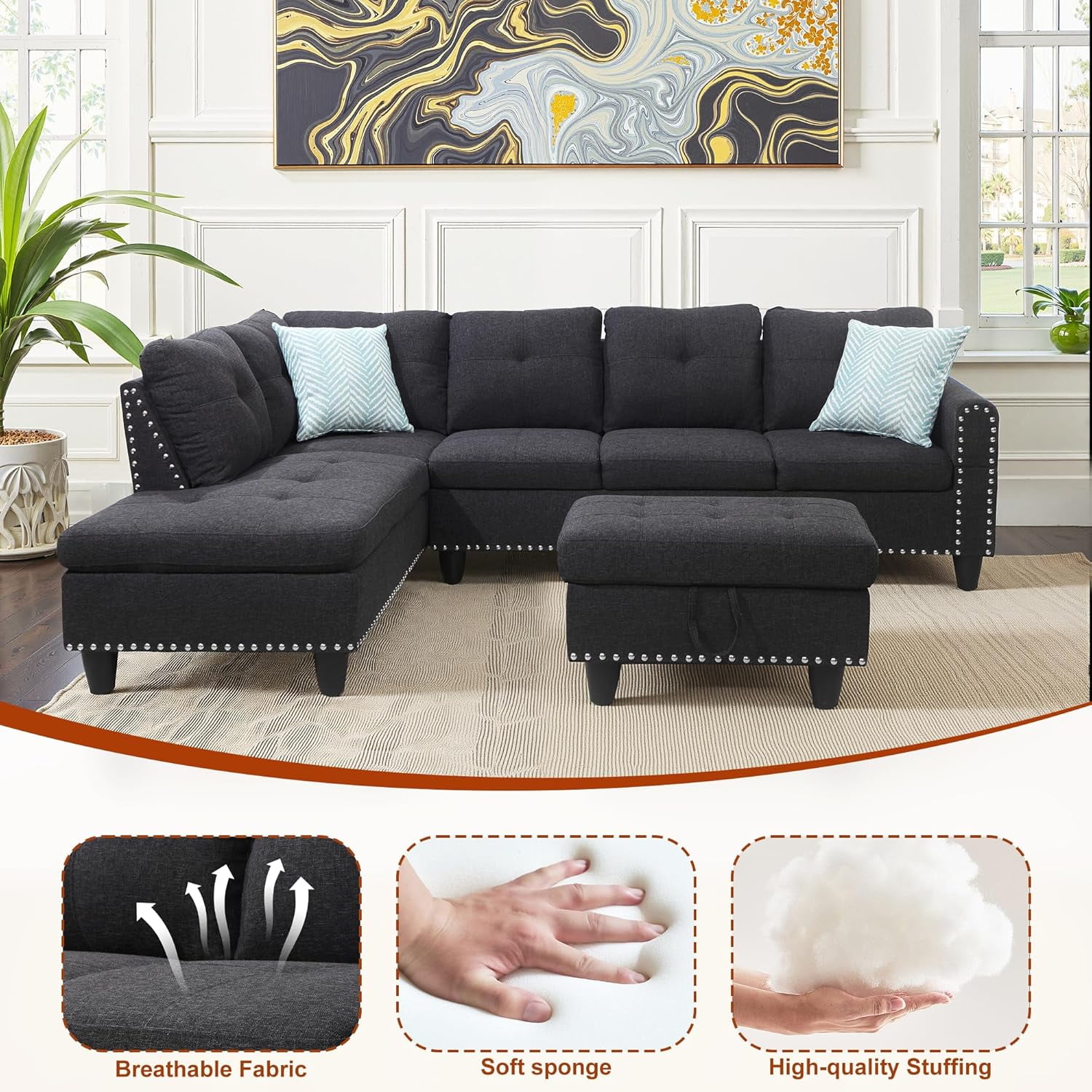 AENKYO 98" L-Shaped Sectional Sofa with Reversible Chaise, Storage Ottoman & Cup Holders, Charcoal Gray