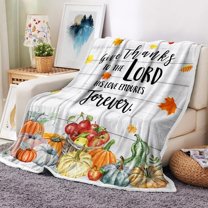 Fall Blanket, Pumpkin Spice Thanksgiving Throw Blanket Fall Pumpkins Throw Blanket, Autumn Pumpkins Leaves and Berries Warm Fleece Blanket for Living Room Couch Bed Chair Dorm, 50"x60", Beige