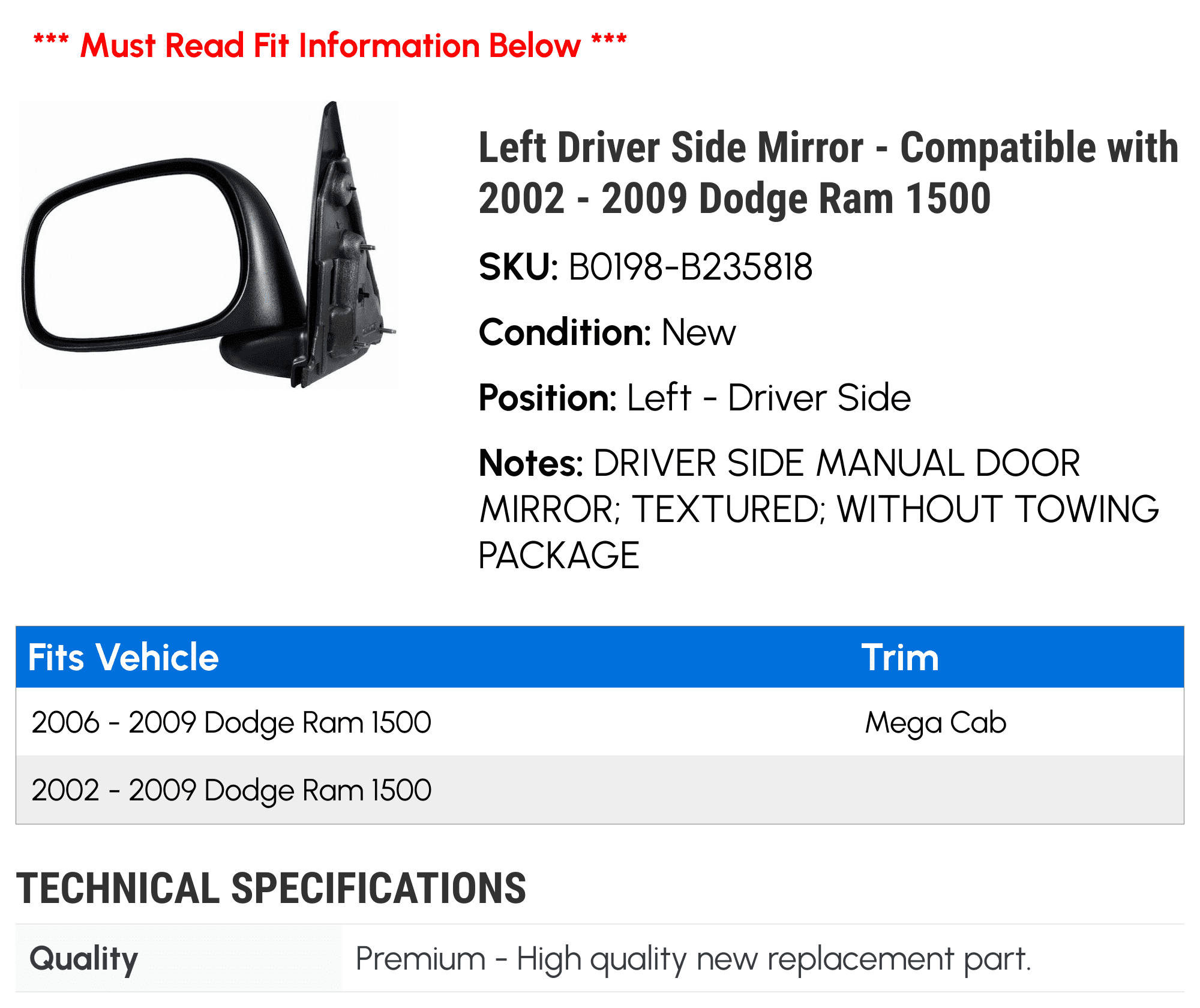 Left Driver Side Mirror - Compatible with 2002 - 2009 Dodge Ram 1500 2003 2004 2005 2006 2007 2008