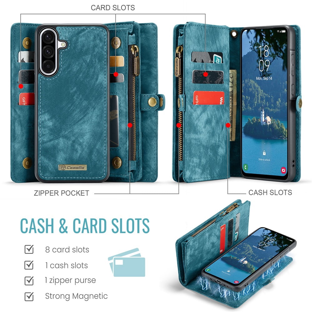 CaseMe Leather Case for Samsung Galaxy A56,2 in 1 Detachable Wallet Case with 8-Card Holder Zipper Bills Slot,Magnetic Shockproof Flip Leather Cover Zipper Pocket Phone Cases,Blue,For Galaxy A56