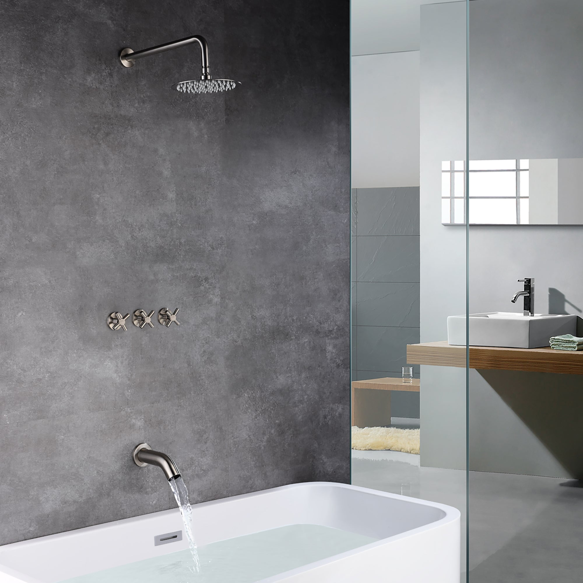 SUMERAIN High Flow Tub and Shower Faucet Set 3 Handle with Valve,Brushed Nickel Waterfall Tub Spout and Rain Shower Head