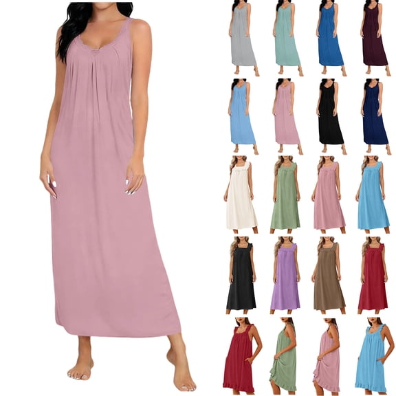Bovxnpu Women's Nightgown Sleeveless Sleepshirt Long Maxi Pajama Dress Nightshirt Cotton V-Neck Soft Lace Loose Nightgown Sleepwear