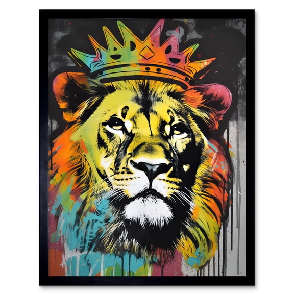 King Lion wearing Crown Modern Stencil Graffiti Art Print Framed Poster Wall Decor 12x16 inch