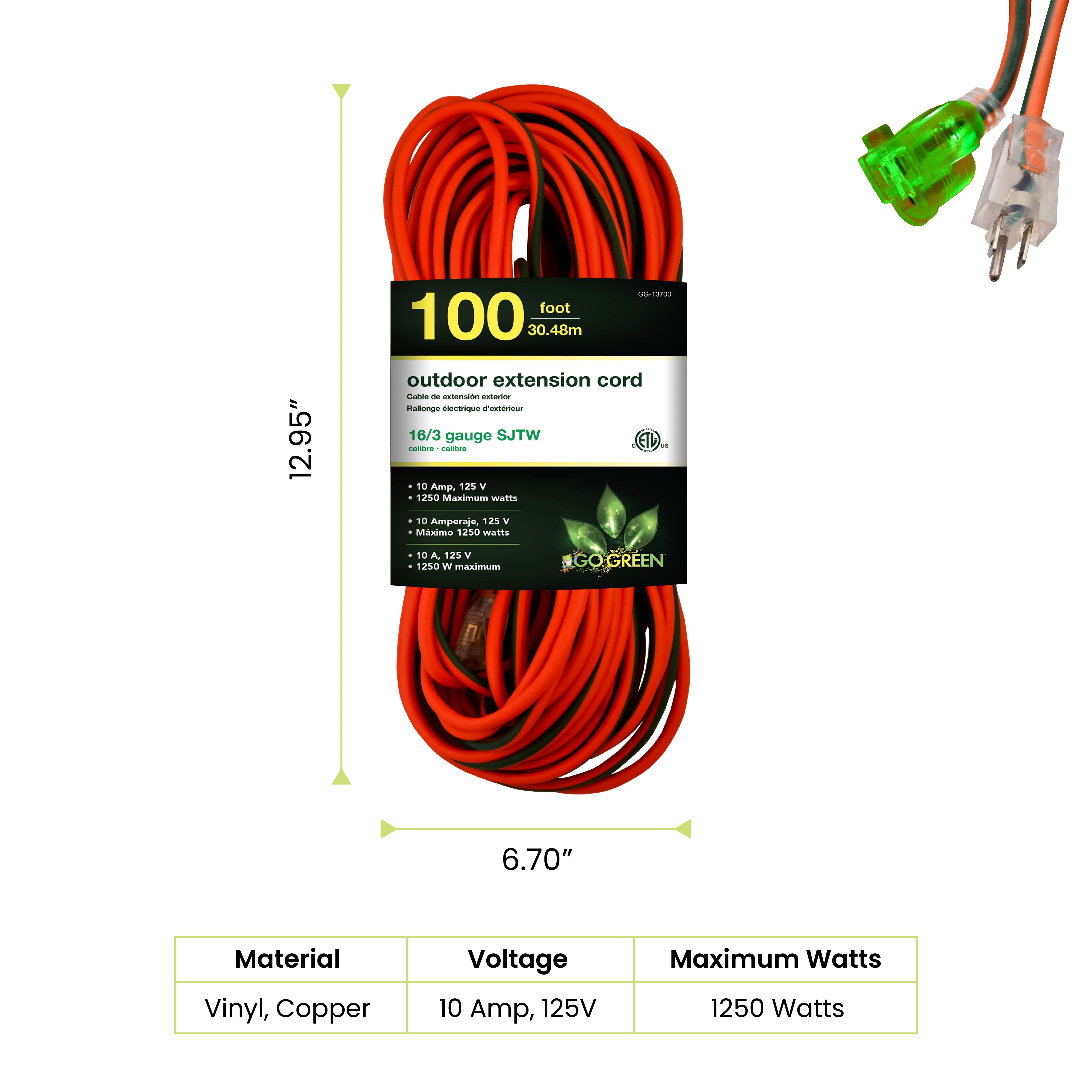 GoGreen Power (GG-13700) 16/3 100’ SJTW Outdoor Extension Cord, Lighted End, 100 Ft