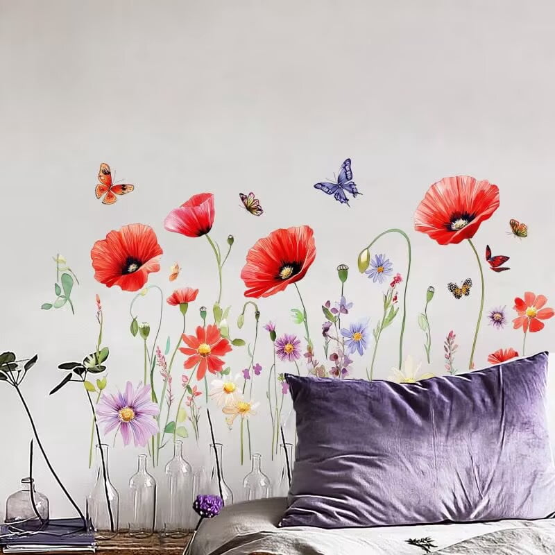 Boho Flower Wall Decals Small Floral Wall Stickers Peel and Stick Watercolor Floral Leaf Wall Decals Cute Botanical Wildflower Wall Stickers for Girls Room Nursery Baby Bedroom Decor