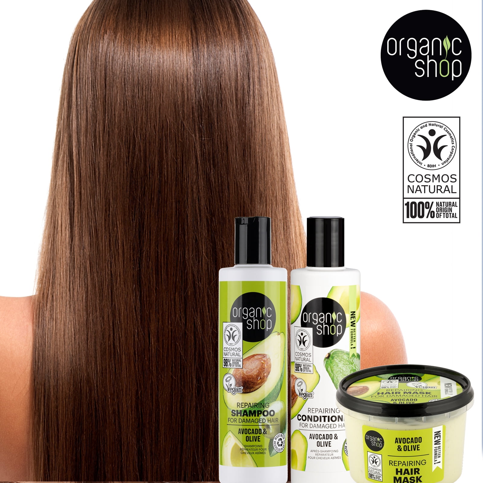 Organic Shop Avocado & Olive – Shampoo + Conditioner + Deep Repairing Hair Mask – Daily Intense Repairing Treatment Set, 100% Vegan & Organic, Rich In Vitamins, Silky Hydration & Nourishing