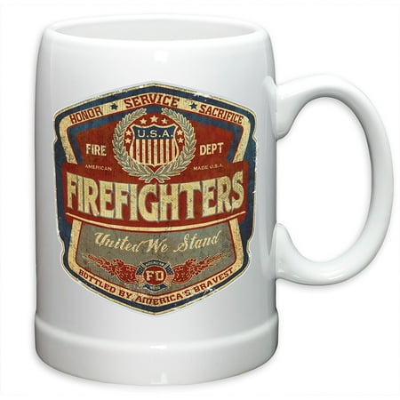 

German Beer Stein – Firefighter Gifts for Men or Women – Denim Fade Beer Label Stoneware Beer Stein – Firefighters Beer Glass with Logo (20 Ounces)