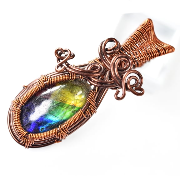 Natural Labradorite Copper Wrapped Oval Pendant, 71.8 Carat