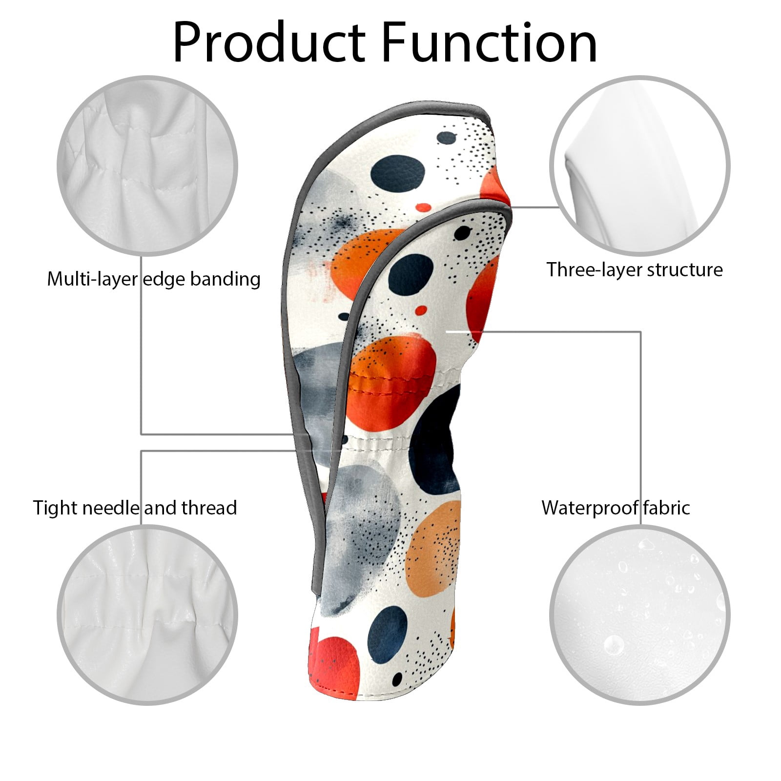 Golf Head Covers Circle Pattern Design for Driver, Wood & Hybrid, Premium Waterproof PU Leather with Plush Lining, Unique Abstract Golf Gifts